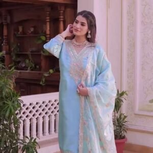 Women's Silk Heavy Embroidery Sequence Work Top-Bottom Straight Kurti With Pant and Dupatta set - Sky Blue, M
