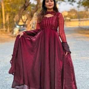 Women's Silk Heavy Embroidery Sequence Work Long Anarkali Kurti With Pant and Dupatta Set - Maroon, M