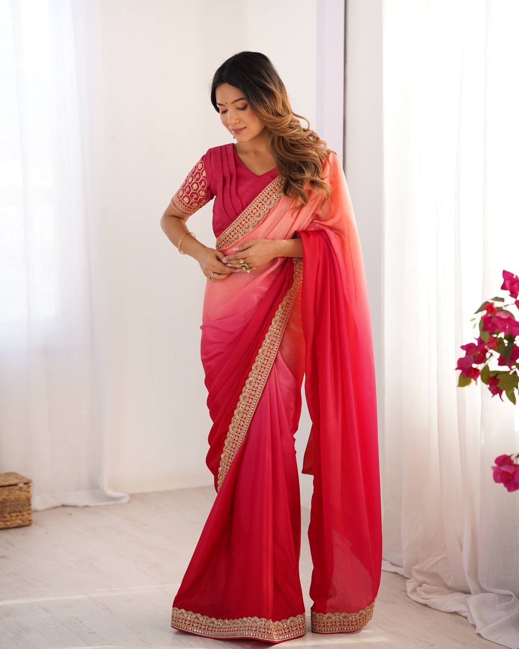 Women's Elegant Ombre Green Georgette Saree with Intricate Golden Zari & Stone Embellishments – Complete with Heavily Worked Blouse for Festive & Wedding Wear - Image 23