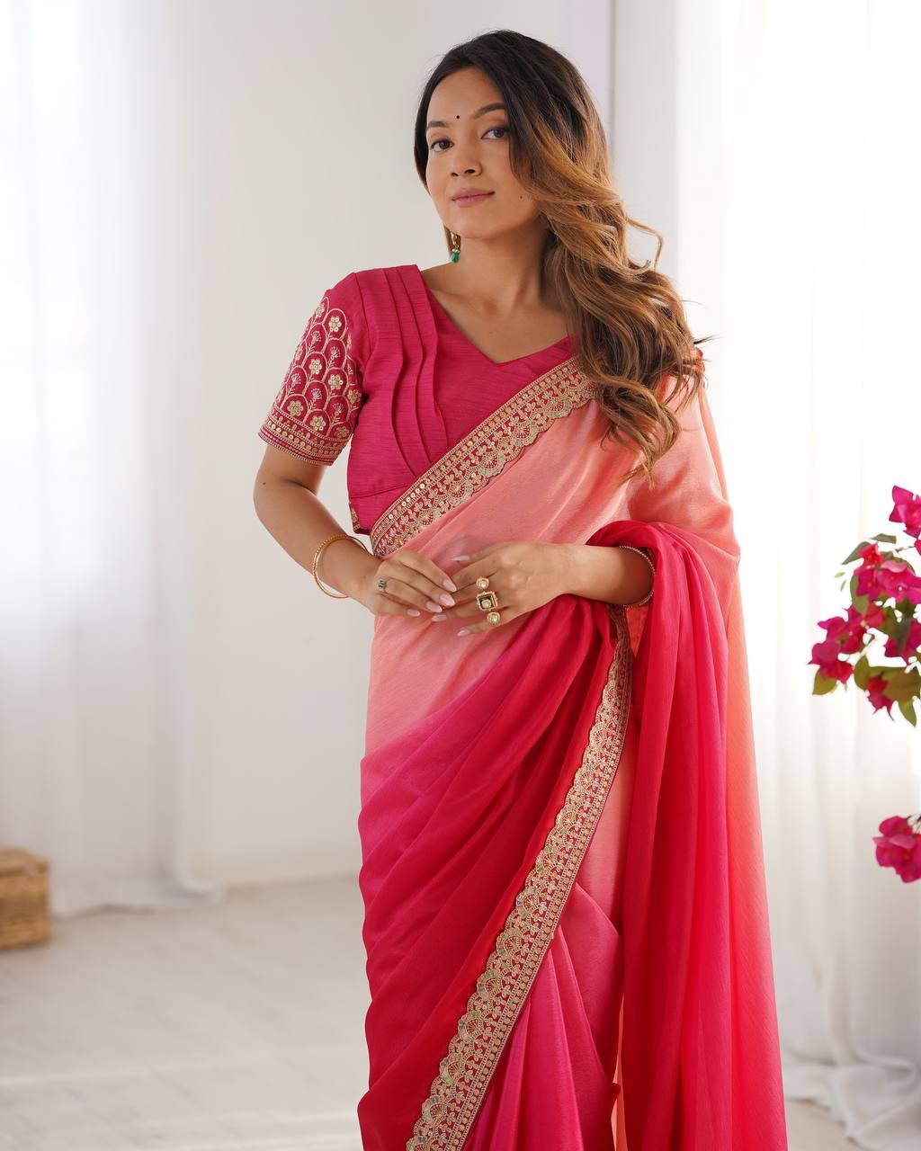 Women's Elegant Ombre Green Georgette Saree with Intricate Golden Zari & Stone Embellishments – Complete with Heavily Worked Blouse for Festive & Wedding Wear - Image 20