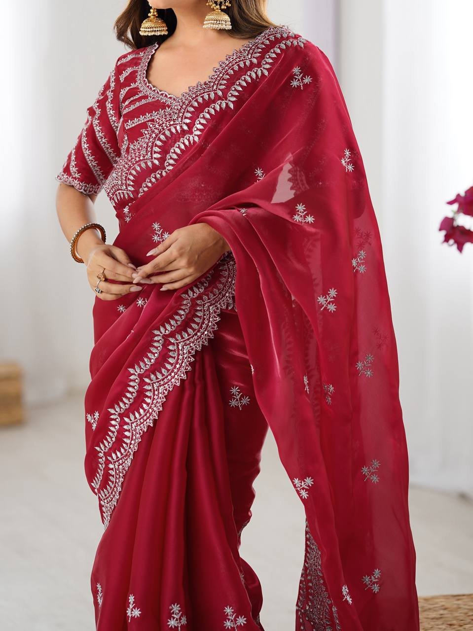 Women's Elegant Regal Purple Georgette Saree with Intricate Silver Thread & Sequin Embroidery – Complete with Embellished Blouse Piece for Festive & Party Wear - Image 21